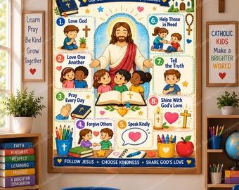 Jesus Teaches Us How to Shine Catholic Classroom Expectations Poster, Christian School Rules, Sunday School Faith Decor Printable