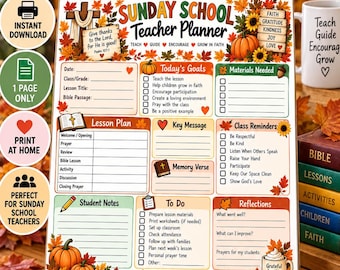 Fall Sunday School Teacher Planner Printable, Thanksgiving Bible Lesson Plan, Christian Classroom Organizer, Church Ministry PDF