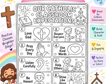 Catholic Classroom Expectations Coloring Page, Christian School Rules Poster, Faith-Based Printable for Kids and Sunday School