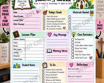 Sunday School Teacher Planner Printable, Christian Lesson Plan, Bible Study Classroom Organizer, Faith-Based Teaching PDF