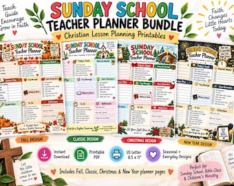 Sunday School Teacher Planner Bundle Printable, 4 Seasonal Christian Lesson Plans, Christmas Fall New Year Bible Classroom PDF