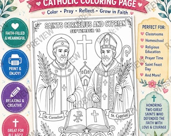 Saints Cornelius and Cyprian Coloring Page, September 16 Catholic Saints, Catholic Kids Printable, Religious Education Activity