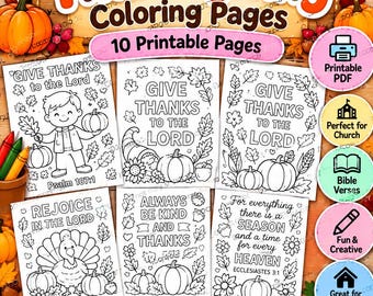 10 Christian Thanksgiving Coloring Pages, Give Thanks Bible Verse Printables, Fall Sunday School Activity, Digital Download