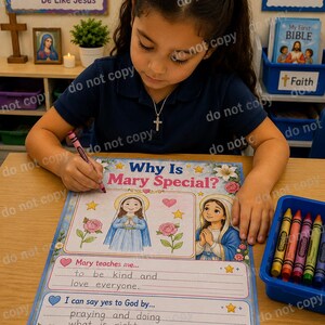 Könnte beinhalten: Ein religiöses Arbeitsblatt mit dem Titel Why Is Mary Special? mit Illustrationen von Maria, rosa Rosen und Sternen. Das Blatt enthält Schreibübungen mit handschriftlichem Text über Freundlichkeit und Gebet, verziert mit floralen Rändern und Herzsymbolen.