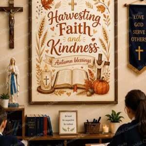 Può includere: Un poster da parete incorniciato con il testo Harvesting Faith and Kindness e Autumn blessings, decorato con steli di grano, foglie autunnali, una candela accesa con una croce, un libro aperto, una croce di legno e una zucca su sfondo crema.