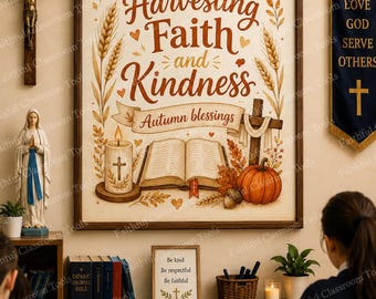Christian Fall Poster Harvesting Faith and Kindness Classroom Decor Autumn Blessings Religious Wall Art  Catholic Fall Bulletin Board