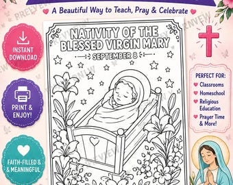 Nativity of the Blessed Virgin Mary Coloring Page, September 8 Catholic Feast Day, Virgin Mary Printable, Catholic Kids Activity