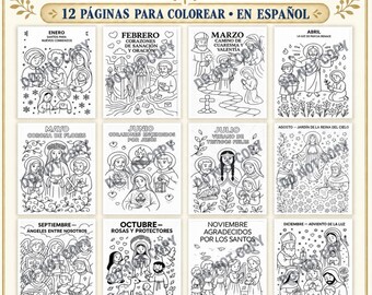 Catholic Saints Coloring Pages in Spanish | 12 Months Catholic Printable | Spanish Religious Coloring Pages for Kids | Año Litúrgico