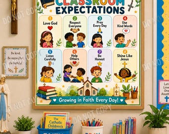 Catholic Classroom Expectations Poster, Christian Classroom Rules, Religious School Decor, Sunday School Printable