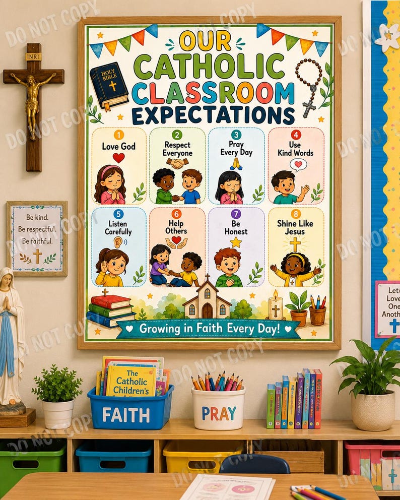 Poster om förväntningar i katolskt klassrum, kristna klassrumsregler, religiös skoldekor, utskrivbar söndagsskola bild 1