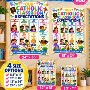 May include: A set of Catholic classroom expectation posters featuring eight numbered rules with illustrations of children, a church, and religious symbols. The text includes Our Catholic Classroom Expectations and Growing in Faith Every Day.
