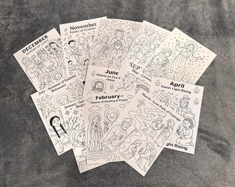 Dibujos para colorear de santos católicos – Paquete de 12 meses / Actividades para festividades, lecciones de religión, año litúrgico, imprimibles para el aula cristiana
