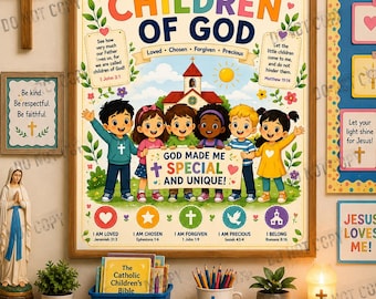 Vi är Guds barn-poster, katolsk klassrumsdekor, kristen bekräftelse, utskrivbar | Bibelversväggkonst, religiös utbildningsaffisch
