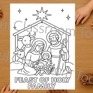 Puede incluir: Dibujo lineal en blanco y negro de la Sagrada Familia en un establo, con el texto "Feast of Holy Family". La imagen incluye a María, José, el niño Jesús y animales. La imagen está rodeada de manos de niños.