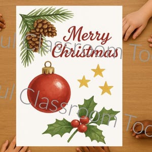 May include: A Christmas-themed print with the words "Merry Christmas" in a decorative font. The image features a red ornament, pine cones, holly, and gold stars. The print is surrounded by children's hands.