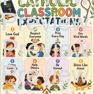 Poster om förväntningar i katolskt klassrum, kristna klassrumsregler, religiös skoldekor, utskrivbar söndagsskola bild 2