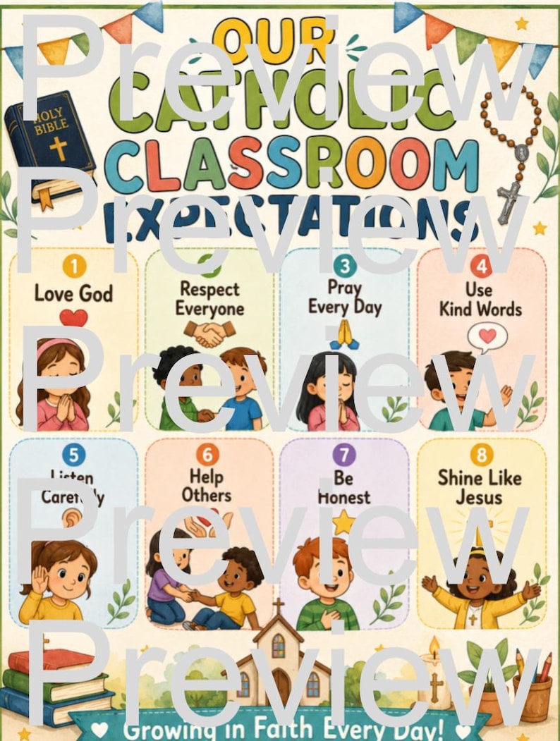 Poster om förväntningar i katolskt klassrum, kristna klassrumsregler, religiös skoldekor, utskrivbar söndagsskola bild 2