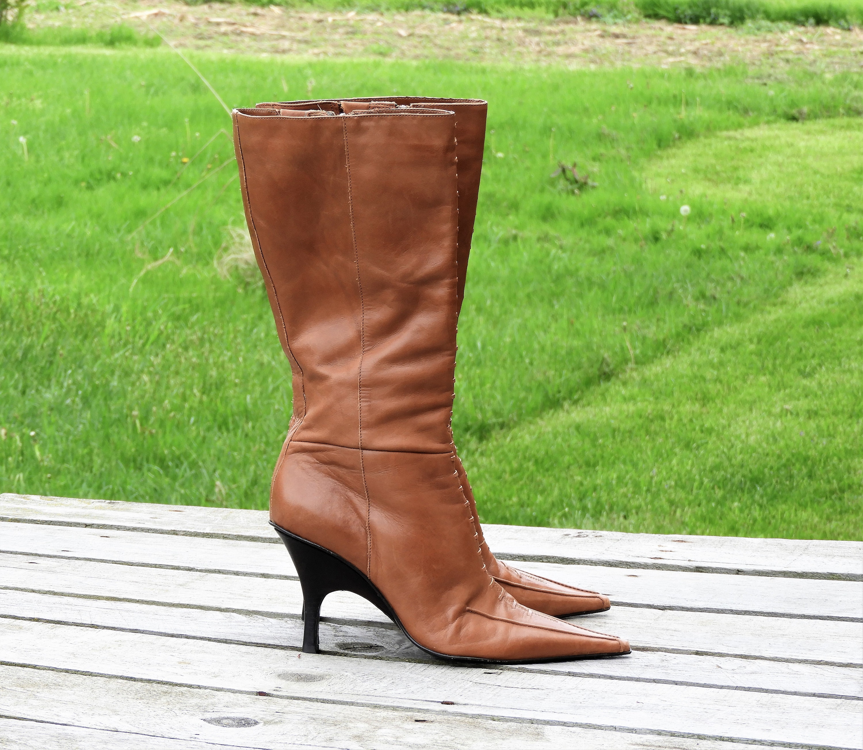 Vintage Stiletto Boots, Diba Mid Calf, 1990s Leather Shoe, Pointy Toe, Cognac Brown, Womens 10M