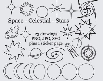 Celestial Space Downloadable Art - Transparent and White Background - Jpeg - PNG - SVG - Sun Moon Star Planet Comet Drawing