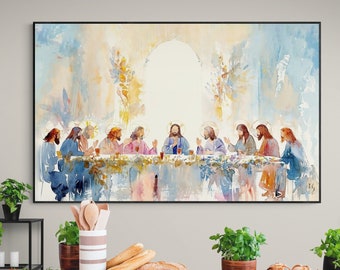 Puede incluir: Una pintura de acuarela que representa la Última Cena, con Jesús y sus discípulos sentados a una mesa. La pintura está realizada en una paleta suave y tenue de azules, amarillos y verdes, con un enfoque en las figuras y sus expresiones.