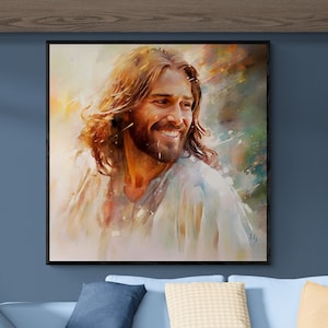 Obra de arte de Jesús sonriente / Retrato cristiano de Jesús con resplandor sereno - Pintura de Cristo Rey para decoración del hogar
