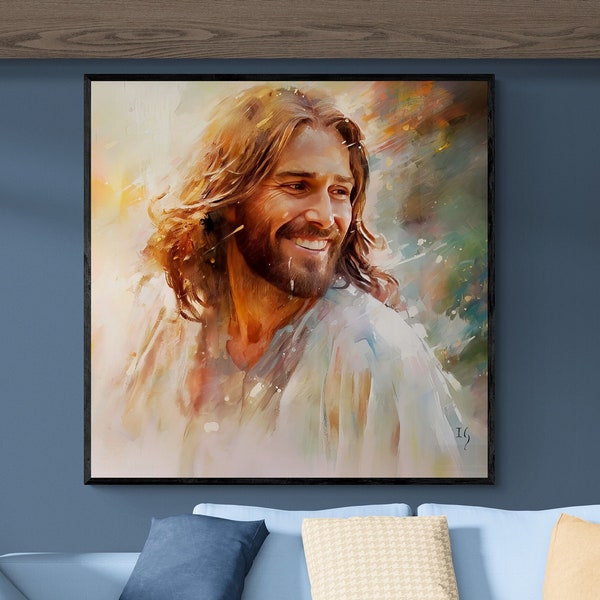 Smiling Jesus Artwork  | Christian Jesus Portrait with Serene Radiance - Christ King Painting for Home Decor