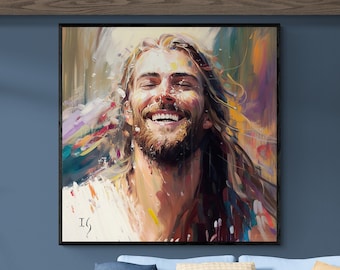 Impresión de Jesús sonriente: arte mural cristiano moderno