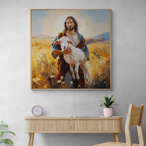 Le chemin du retour, brebis égarée, Jésus quitte le 99, le Seigneur est mon berger, oeuvre d'art murale Jésus, bon berger, peinture biblique, bonne paix