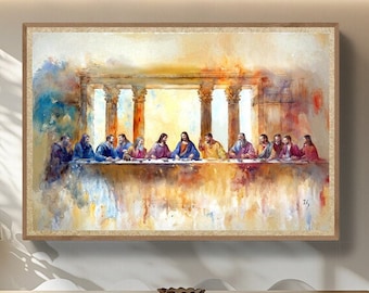 Può includere: Un dipinto dell'Ultima Cena, che rappresenta Gesù e i suoi discepoli riuniti attorno a un tavolo. Il dipinto è realizzato in stile acquerello con colori morbidi e tenui e un'atmosfera calda e accogliente.
