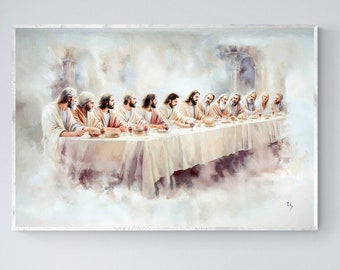 May include: A painting depicting a group of people sitting at a table, with a white tablecloth and a light background. The painting is framed and hanging on a white wall.