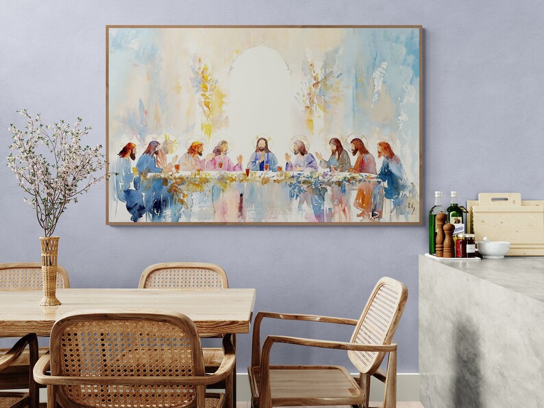 Expressive religious art in watercolor, featuring the Last Supper, a thoughtful Christian gift
