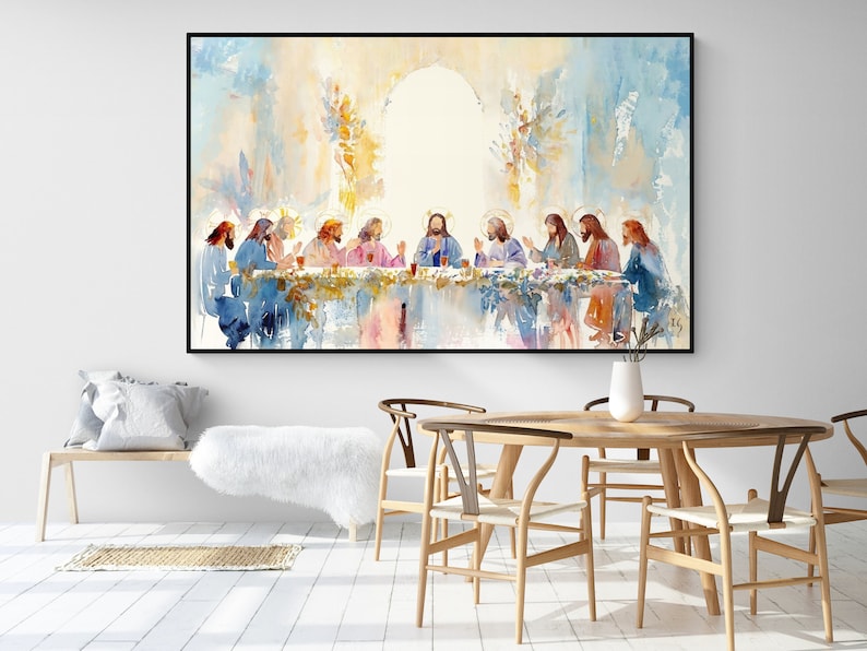 Elegant Last Supper watercolor, a conversation starter during holiday feasts in the dining room