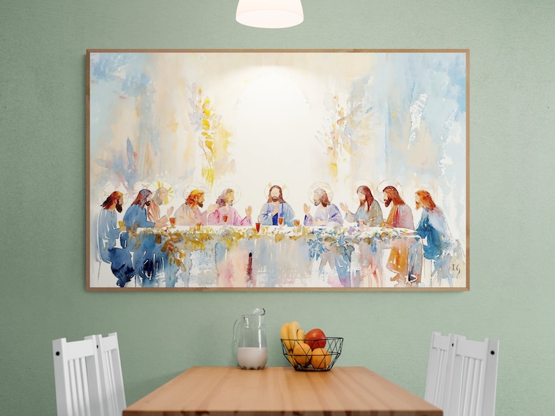 Elegant Last Supper watercolor, bringing a touch of spirituality to modern home decor