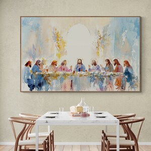 Abstract watercolor of Jesus and disciples, enhancing dining area ambiance during family dinners