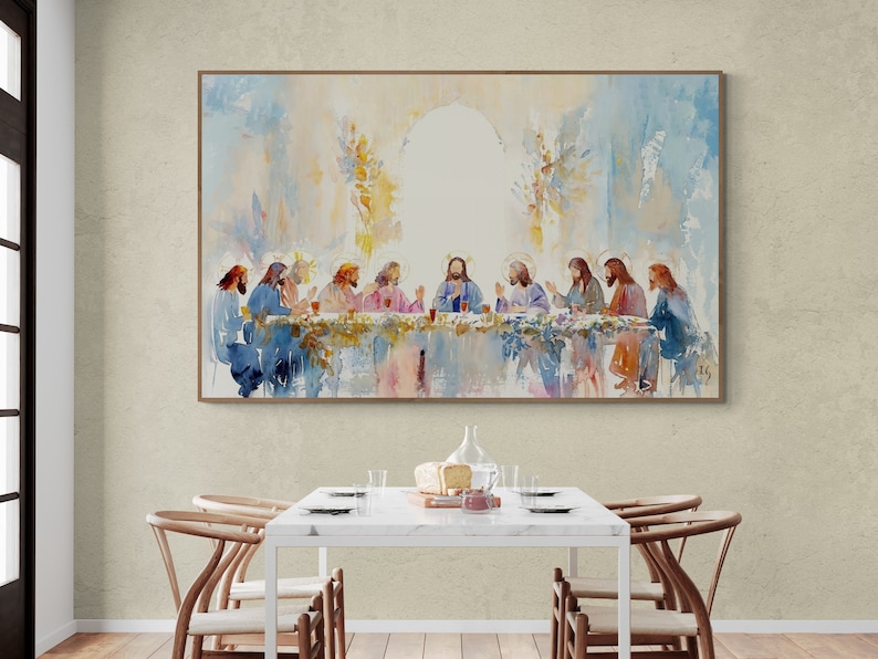 Abstract watercolor of Jesus and disciples, enhancing dining area ambiance during family dinners