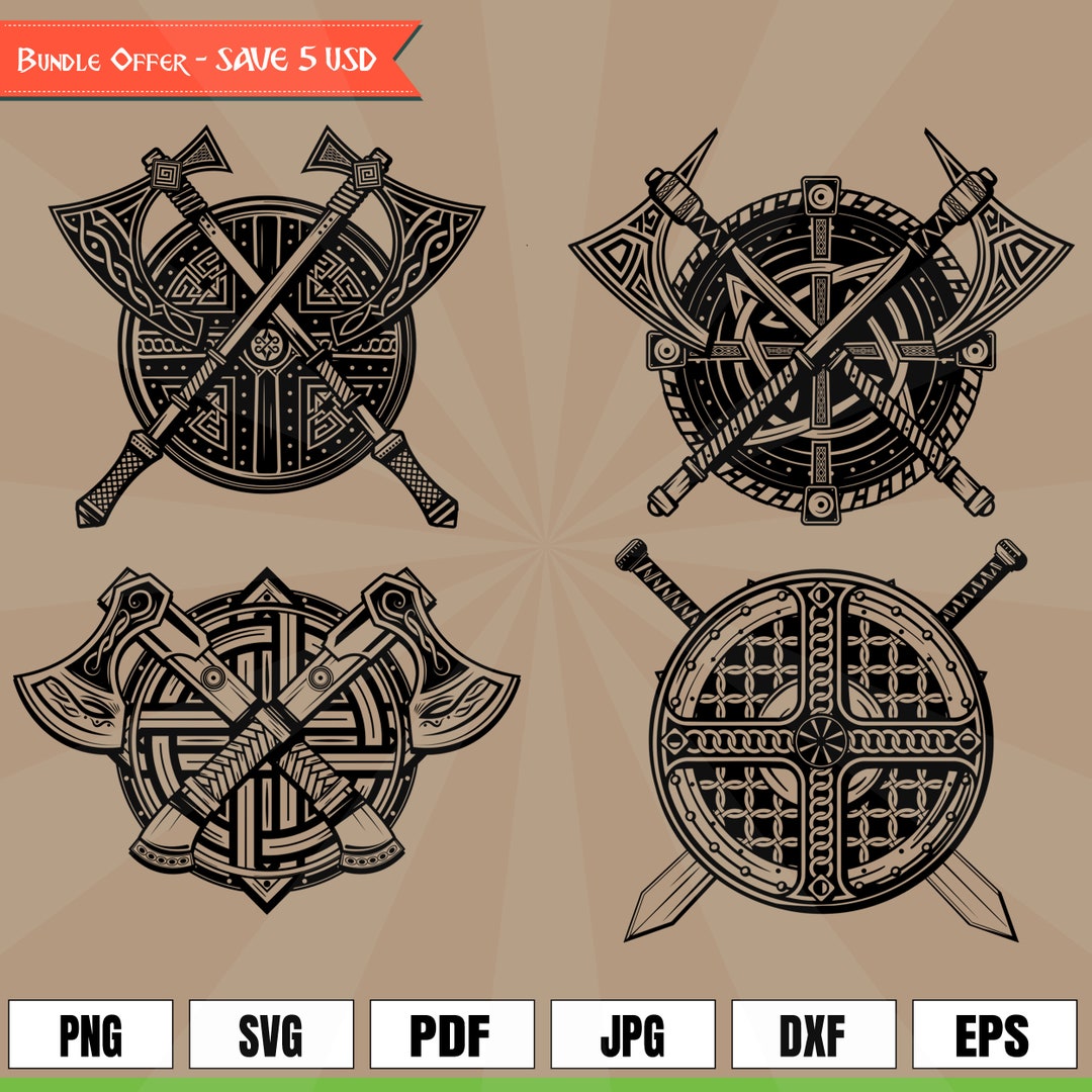 Bundle of 4 Viking Shields, Axes, Swords Norse Art Vector Sets .svg ...