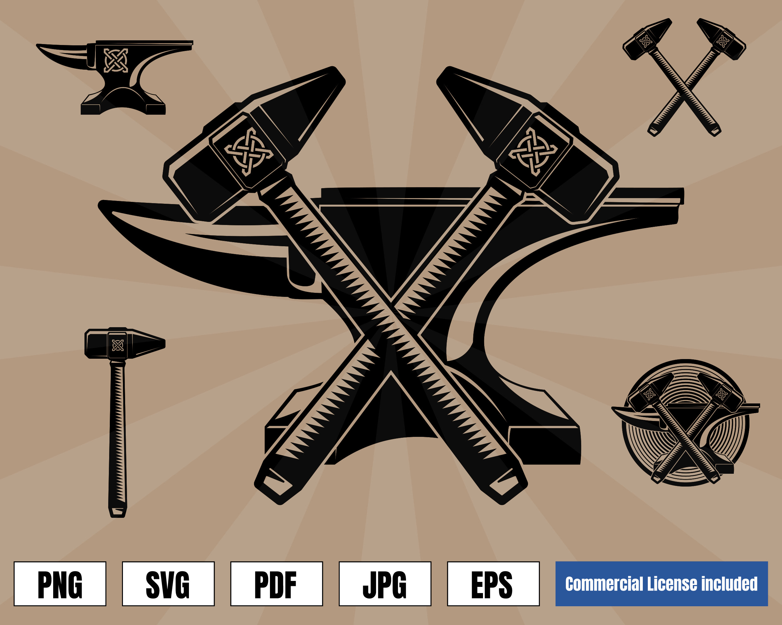 Viking Anvil and Hammers Art Logo .svg .png Vector for Etsy