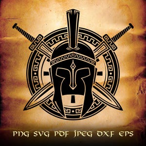 Spartanischer griechischer Krieger-Helm mit Schwertern und Schild-Logo .svg .png für Digital- & Druckprojekte T-Shirts, Kaffeetassen, Poster, Aufkleber