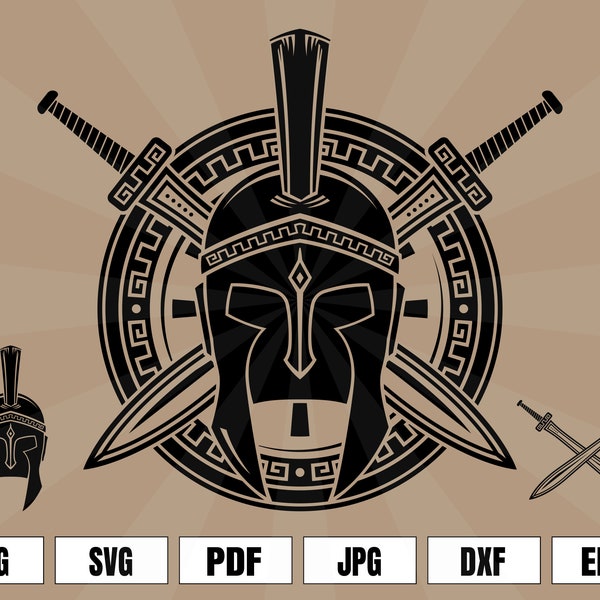 Spartan Greek Warrior Helmet with Swords and Shield Logo .svg .png for digital & printing projects T-Shirts, Coffee Mugs, Posters, Stickers