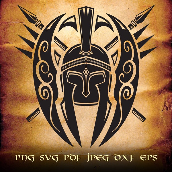 Casque de guerrier grec spartiate avec tatouage logo Spears .svg .png Vecteur pour projets numériques et d'impression T-shirts, mugs, affiches, autocollants