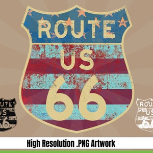 Route 66 American Mother Road Vintage Rusty Sign Logo .png Arte vettoriale per progetti di stampa e digitale Camicie, Tazze da caffè, Poster, Adesivi
