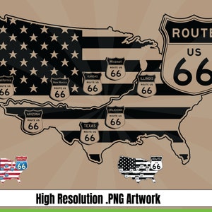 USA Flag Route 66 American Pride Road Signs Mappa USA .png per progetti di stampa e digitale T-shirt, tazze da caffè, poster, adesivi