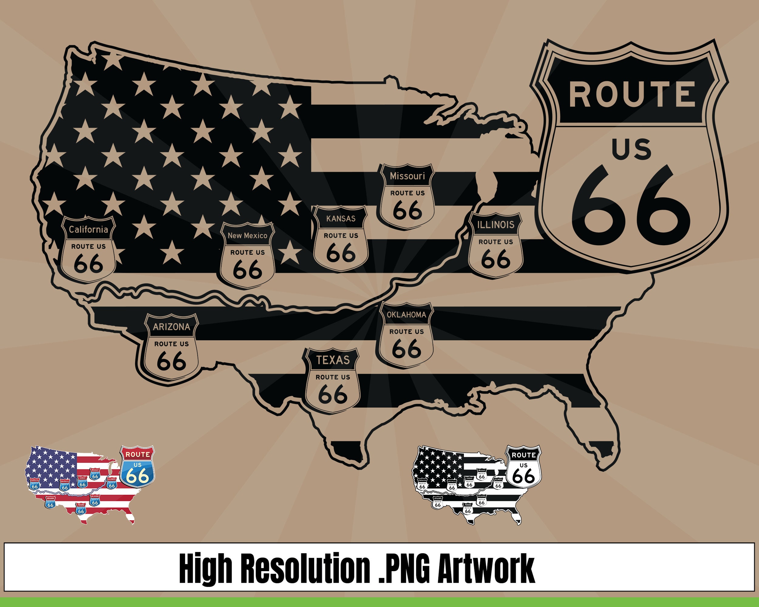 Route 66 American Flag Vintage Metal Novelty Stop Sign