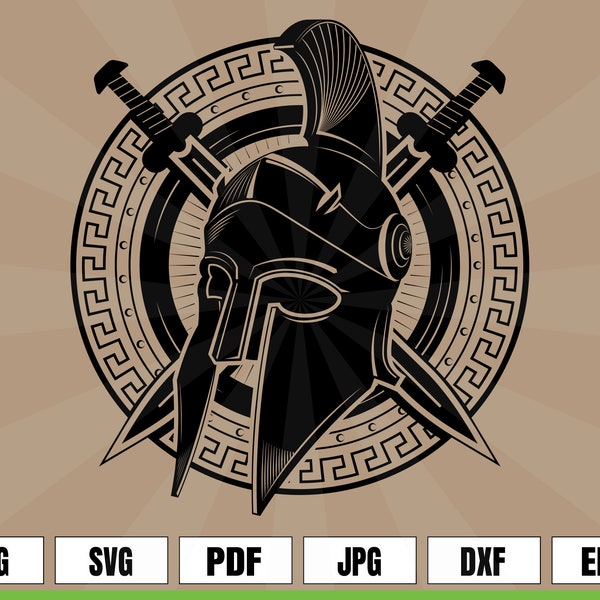 Casque de guerrier grec spartiate avec épées et bouclier Logo Tattoo .svg .png pour les projets numériques et d'impression T-shirts, tasses, affiches, autocollants