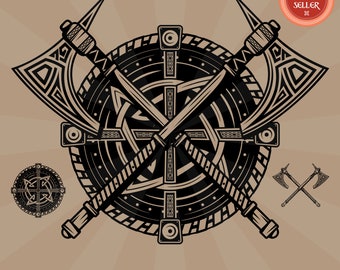 Wikinger Schild und Äxte Wappen Norse Tattoo Art Logo .svg .png Vektor für Digital- & Druckprojekte T-Shirts, Tassen, Poster, Aufkleber
