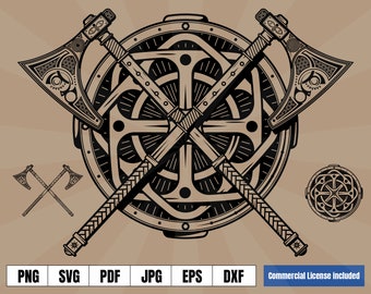 Wikinger Schild und Äxte Wappen Norse Tattoo Art Logo .svg .png Vektor für Digital & Druck Projekte T-Shirts, Tassen, Poster, Sticker