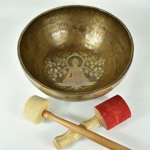 Gravura em Tigela Cantante - Buda e Árvore da Vida - 3211 g 32 cm - Cura Chakra Artesanal Nepal Meditação Yoga Cura Sonora.