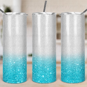 Sparkly Silver Teal digital glitter sublimation tumbler template png