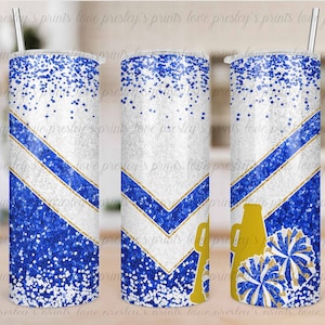 Blue White Gold Cheer Tumbler Sublimation, Cheer Tumbler Template, Design, Cheer Tumbler