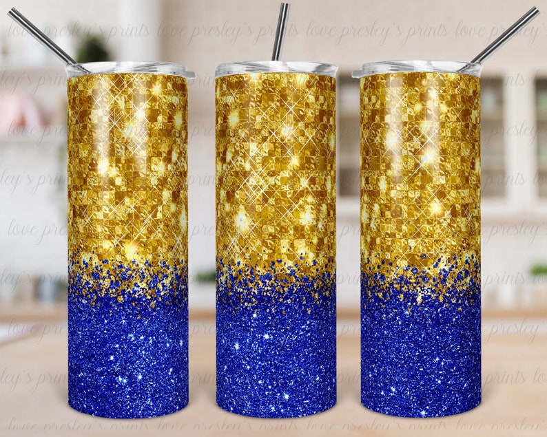 Gold to Blue Ombre Sublimation, Blue yellow School Spirit, Blue and Gold Glitter, Sparkle Tumbler Template, Tumbler Background image 1